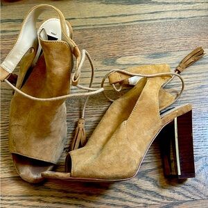 Tan open toe block heels - size 7